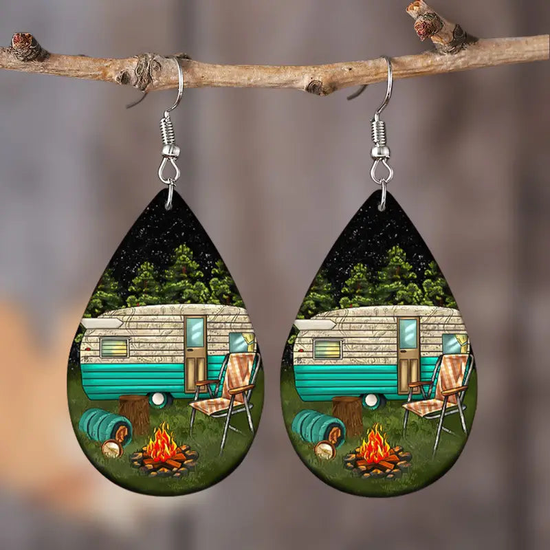 RV Camper Scene Faux Leather Earrings